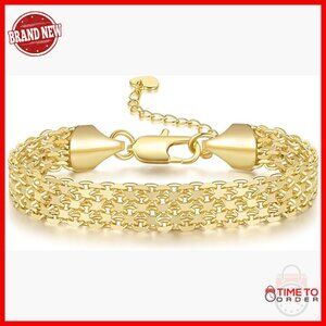 14K Gold Plated Woven Bracelet Stack with Lobster Clasp 7.5-8.5 Inch
